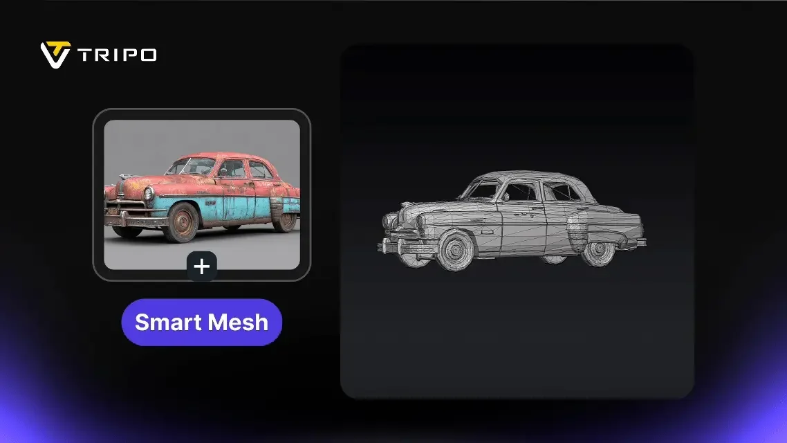Smart Mesh wireframe output of a vintage car