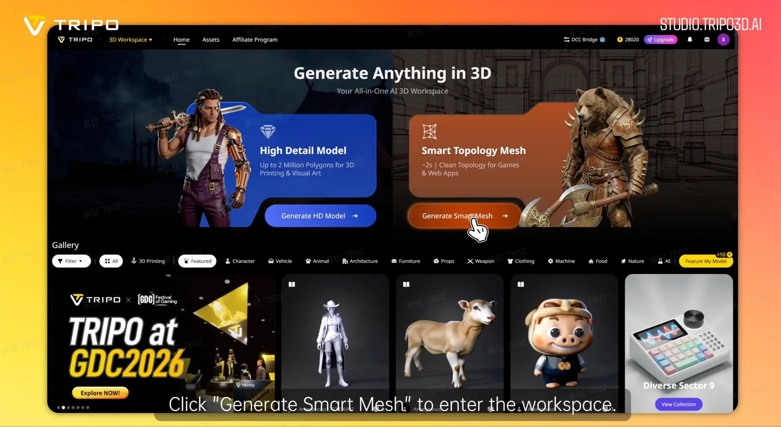 Click Generate Smart Mesh on the Tripo Studio home screen to open the workspace